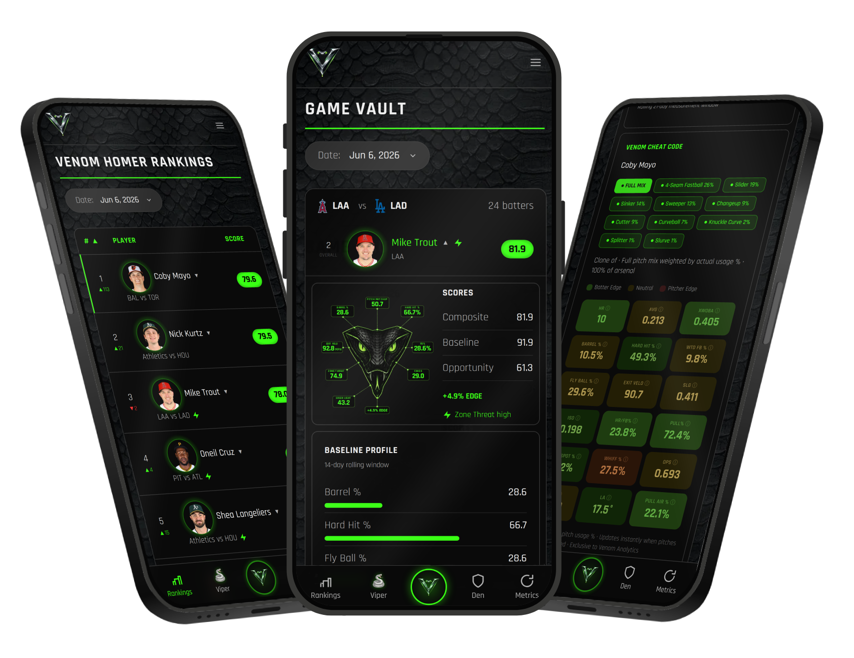 Venom Analytics on mobile: Rankings and Game Vault